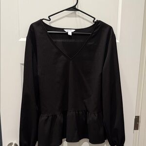 Nine West Black V-Neck Long Sleeve Peplum Blouse